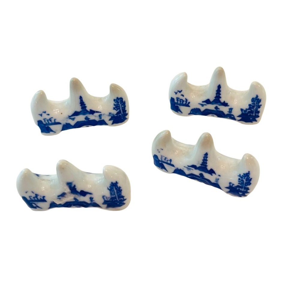 Vintage Chop Stick Rest Stand White Porcelain with Blue Detail Set of 4